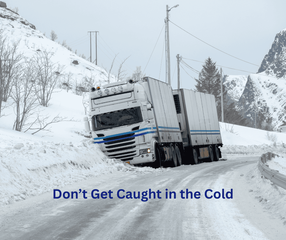 Winter Preventive Maintenance photo of Semi-Truck broken down on side on snow covered highway.